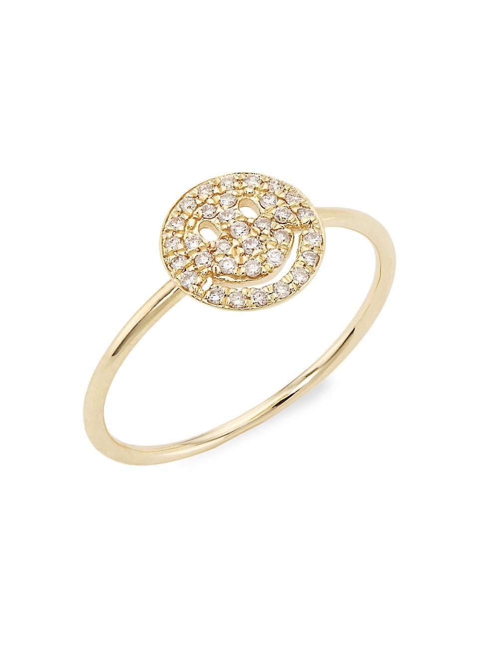 Womens 14K Yellow Gold & Diamond Happy-Face Ring Product Image