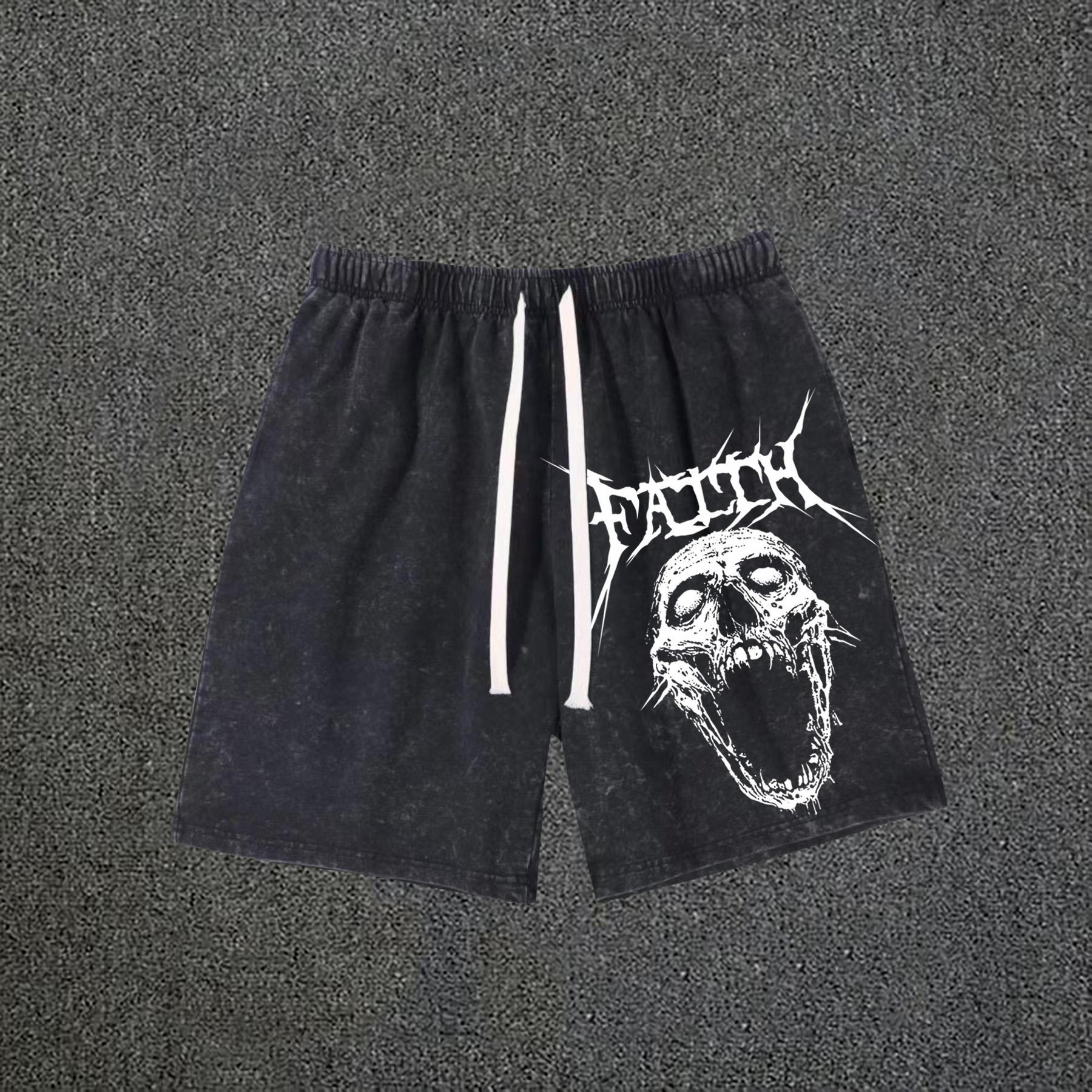 Faith Horror Skull Print Drawstring Acid Washed Gym Shorts Product Image