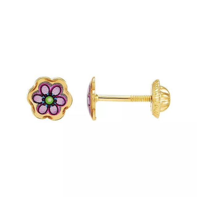 14k Yellow Gold Purple Enamel Flower Earrings, Womens, 14k Gold Product Image