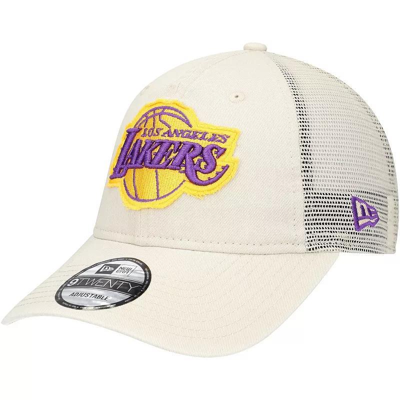 Mens New Era Cream Los Angeles Lakers Rough Edge Logo Trucker 9TWENTY Adjustable Hat Product Image