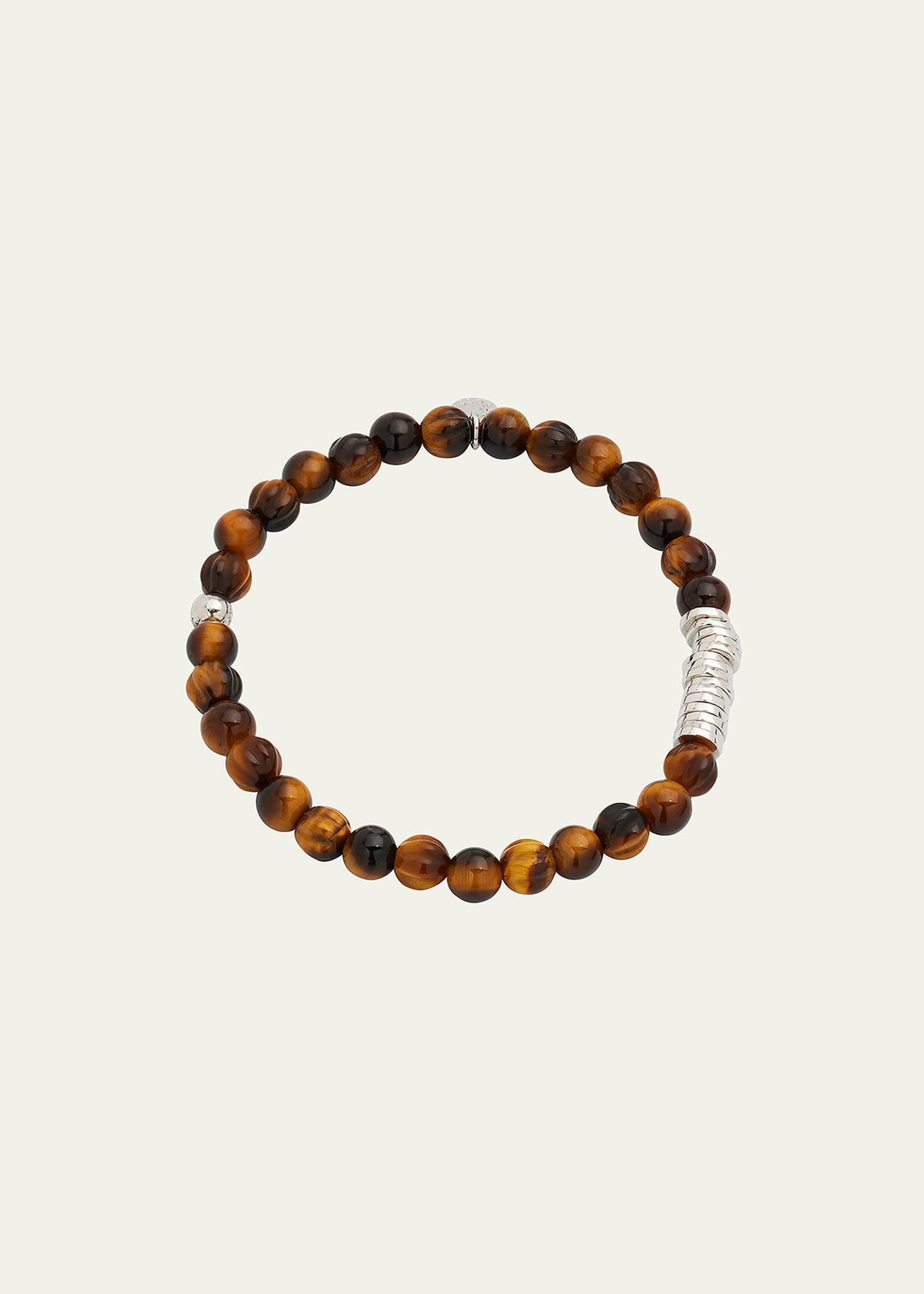 Mens Sterling Silver & Tigers Eye Beaded Bracelet Product Image