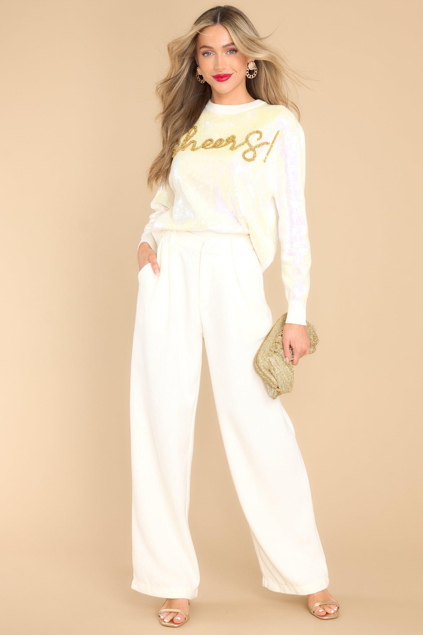 White Full Sequin Cheers Sweater Ivory Product Image