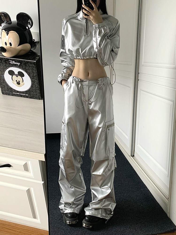 Long-Sleeve Mock Neck Drawstring Hem Half-Zip Cropped Sweatshirt / High Waist Wide Leg Pants / Set Product Image