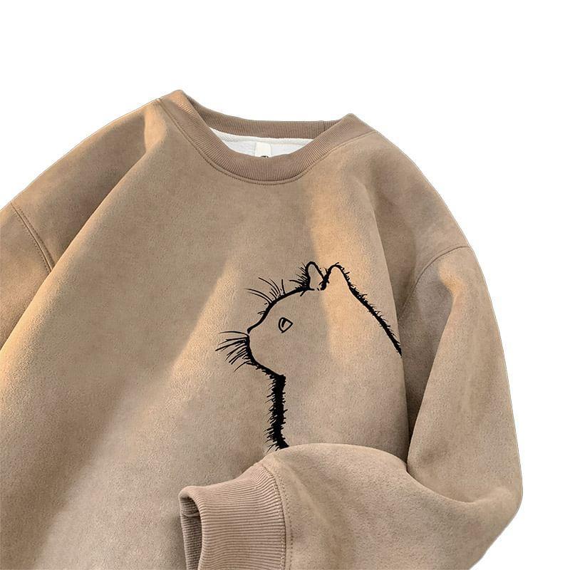 Crew Neck Cat Print Sweatshirt Product Image