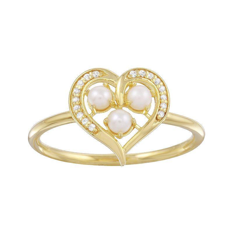 14k Gold Over Silver Freshwater Cultured Pearl & Cubic Zirconia Heart Ring, Womens White Product Image