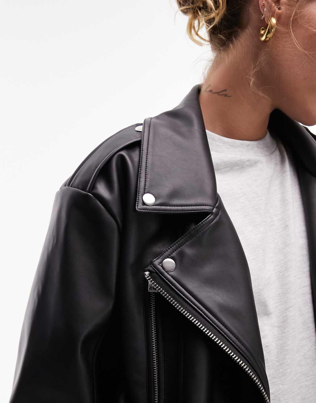 Topshop faux leather super oversized biker jacket in black Product Image