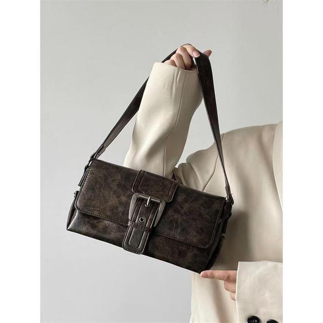 Plain Buckled Faux Leather Flap Crossbody Bag Product Image