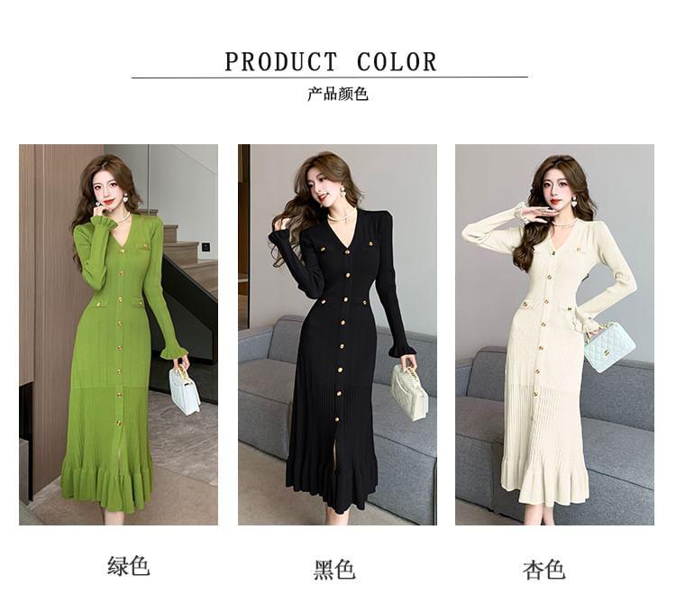 Long Sleeve V-Neck Plain Ribbed Knitted Bodycon Midi Dress Product Image