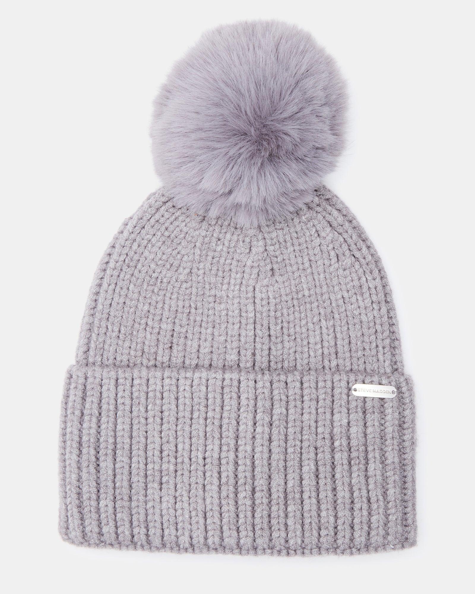 WIDE CUFF FAUX FUR POM BEANIE GREY Female Product Image