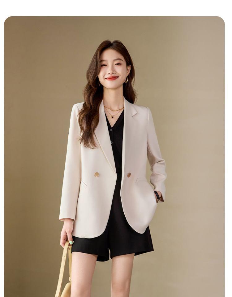 Lapel Collar Plain Double Button Blazer Product Image