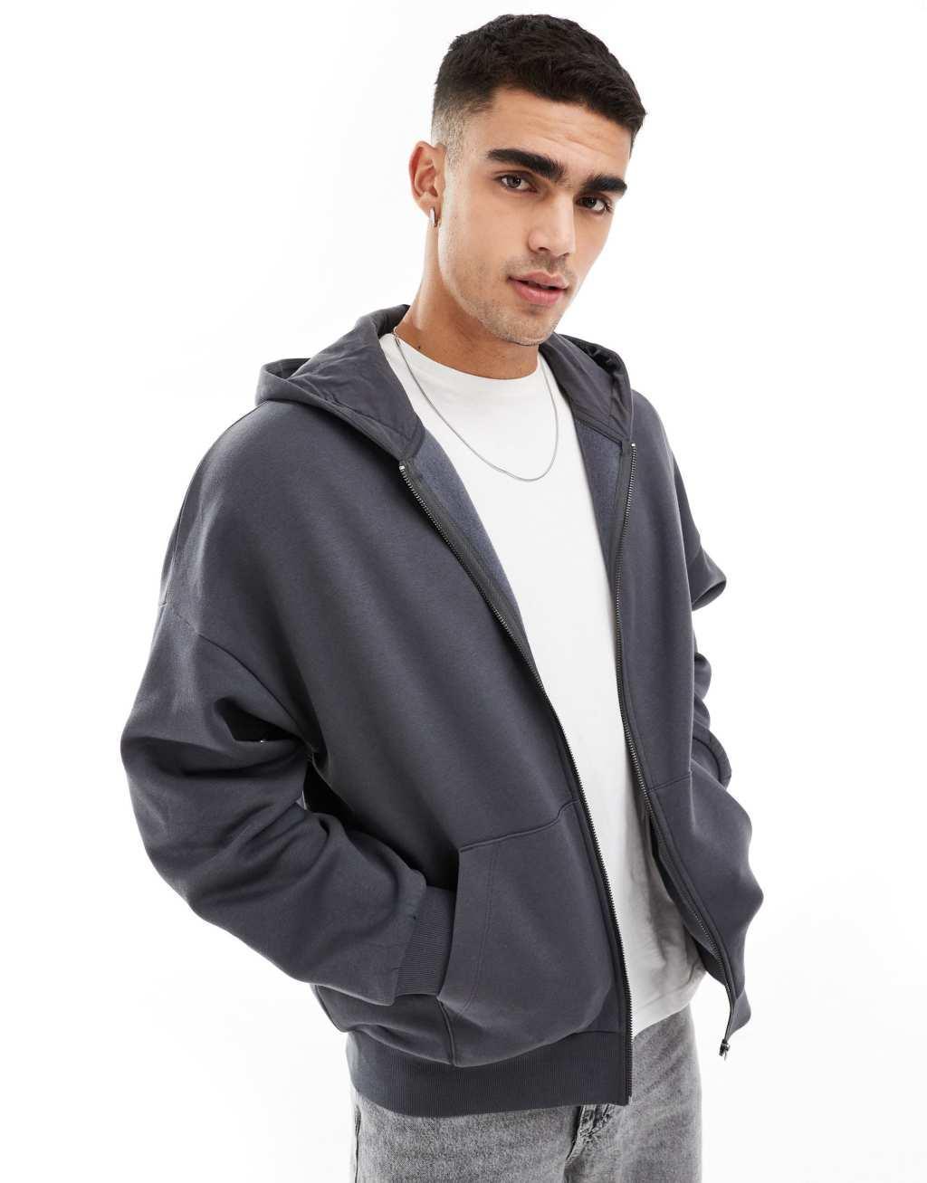 ADPT oversized double zip hoodie in gray acid wash Product Image