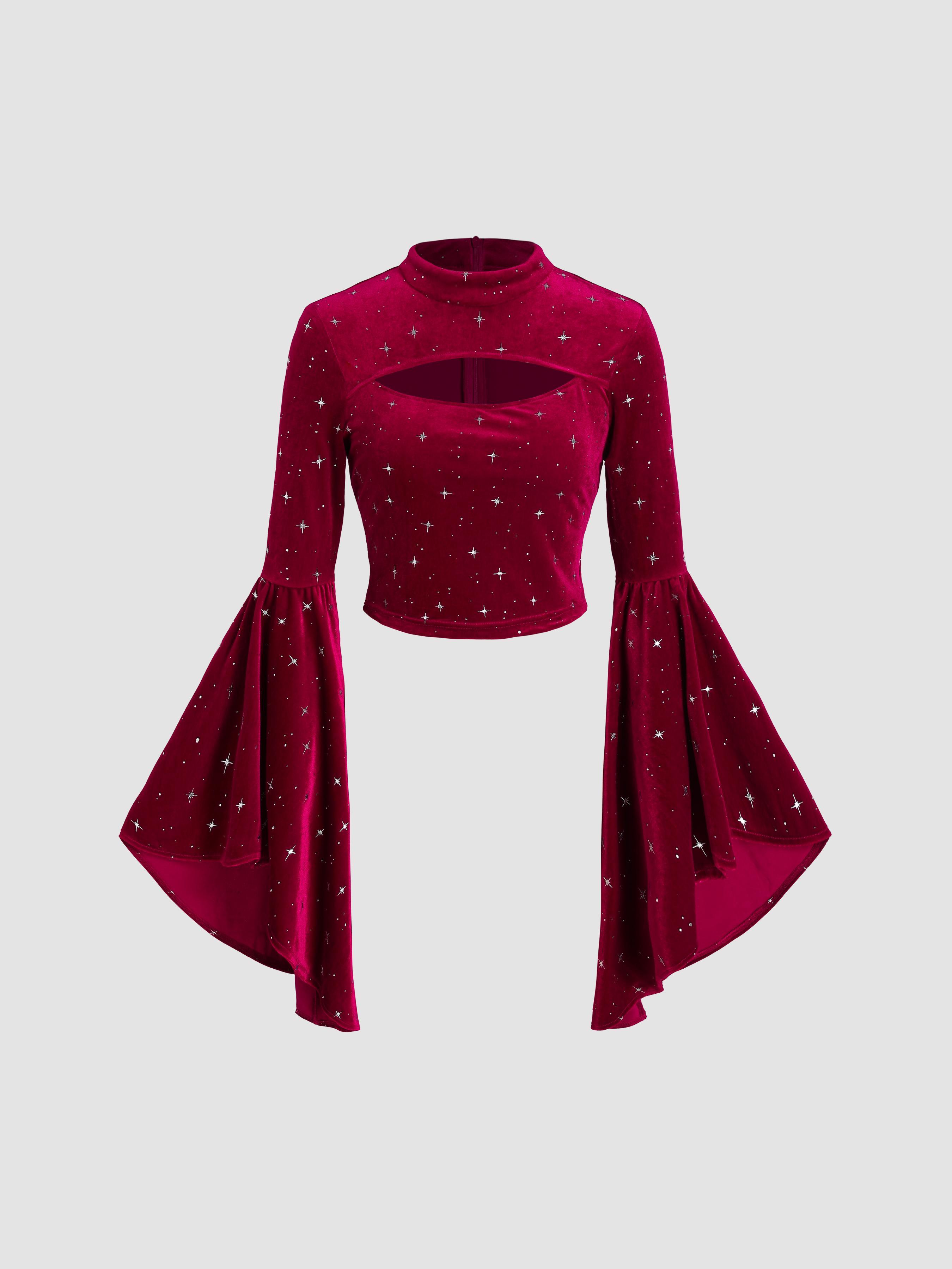 Velvet Star Pattern Bell Sleeve Crop Top Product Image