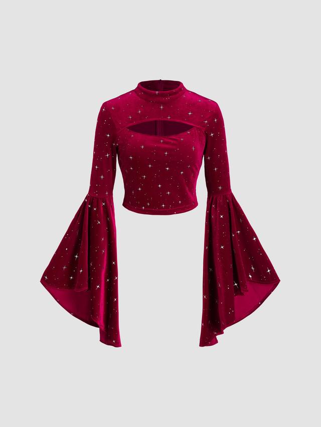 Velvet Star Pattern Bell Sleeve Crop Top Product Image