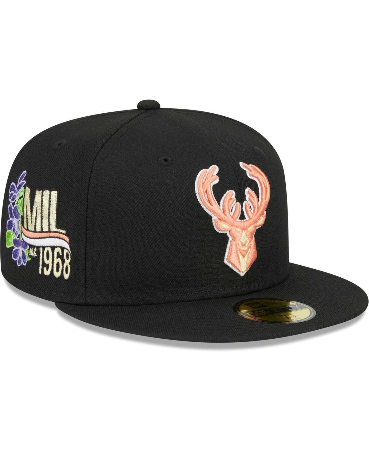 Mens New Era Black Milwaukee Bucks Floral Side 59FIFTY Fitted Hat Product Image