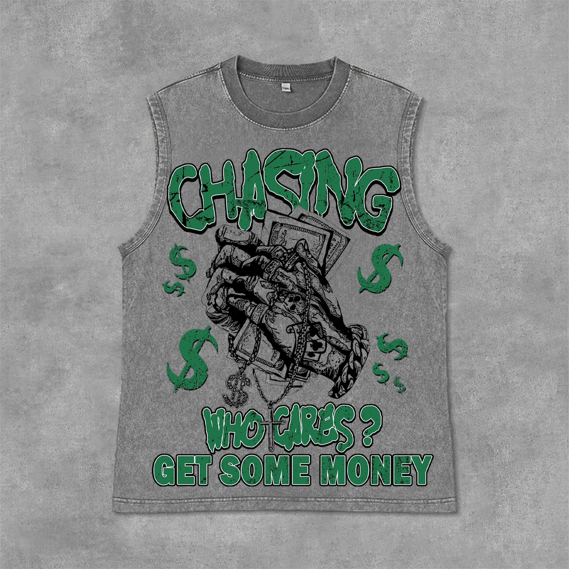 Vintage Street Chasing Money Graphic Print Acid Washed Sleeveless Tank Top Product Image