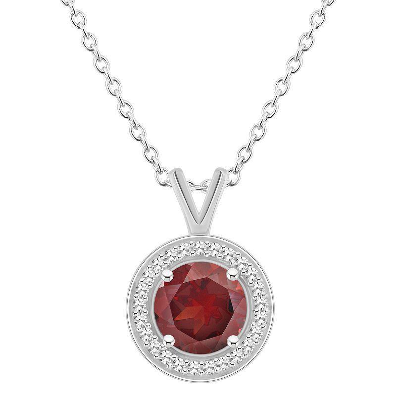 Celebration Gems Sterling Silver Round Gemstone & 1/8 Carat T.W. Diamond Halo Pendant Necklace, Womens Red Product Image