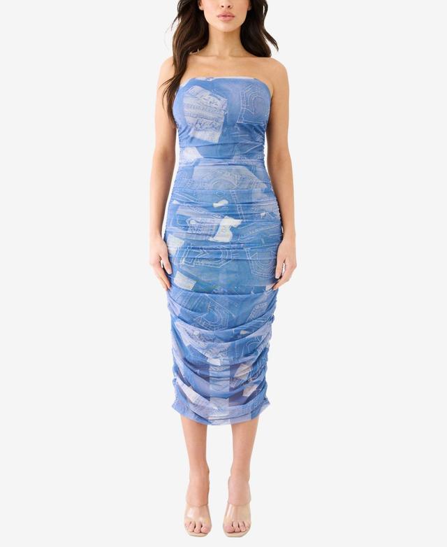 Womens Printed Denim Midi Mesh Ruche Tube Dress Product Image