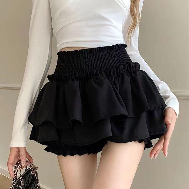 High Waist Plain Ruffled Mini A-Line Layered Skirt Product Image