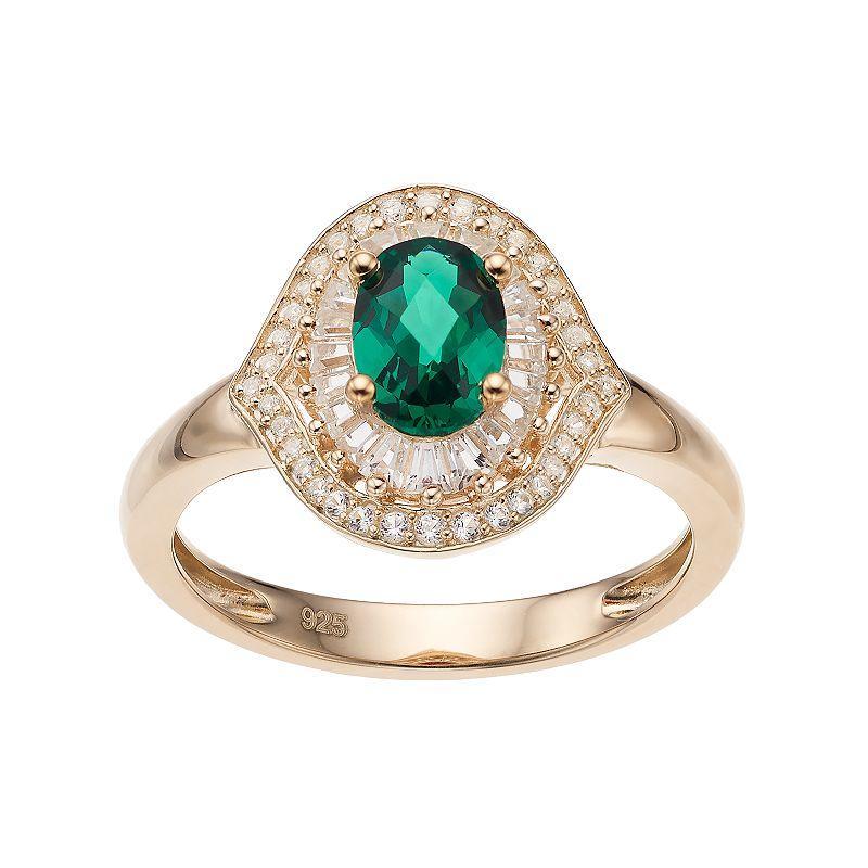 14k Gold Over Silver Lab-Created Emerald & White Sapphire Oval Halo Ring, Womens Gold Tone Product Image