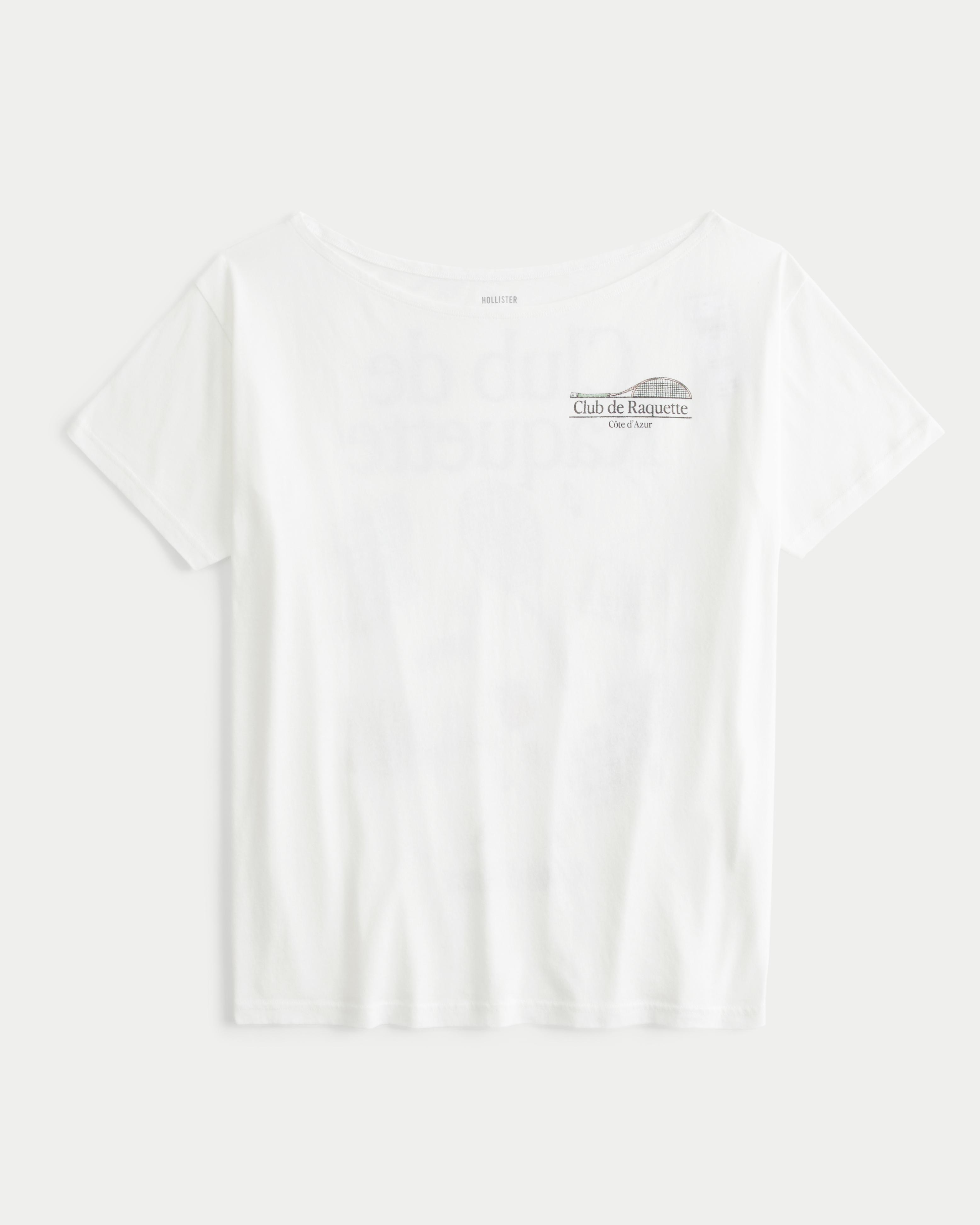 Oversized Off-the-Shoulder Club de Raquette Graphic Tee Product Image