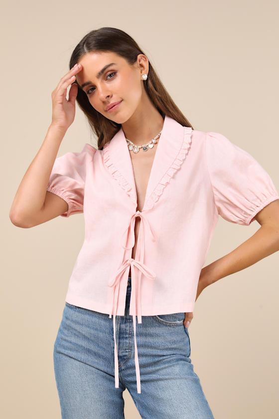 Cutest Existence Light Pink Collared Tie-Front Short Sleeve Top Product Image