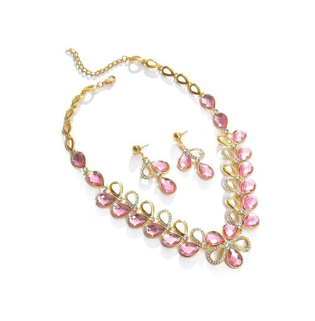 Sohi Womens Pink Stone Teardrop Necklace And Earrings (Set Of 2) Product Image