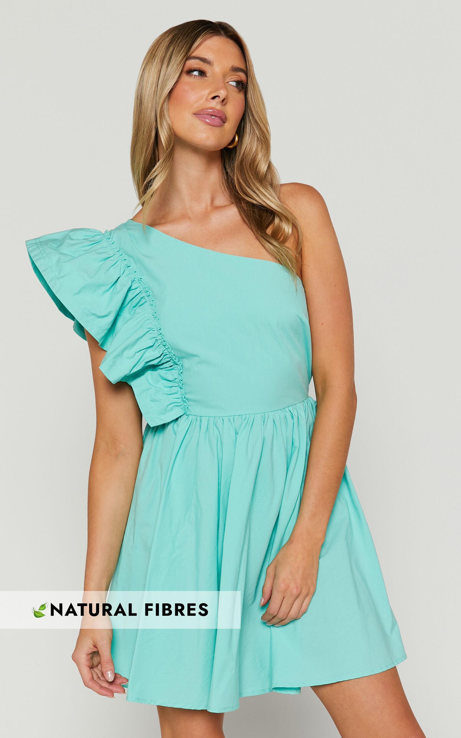 Brodie Mini Dress - One Shoulder Frill Dress in Green Product Image