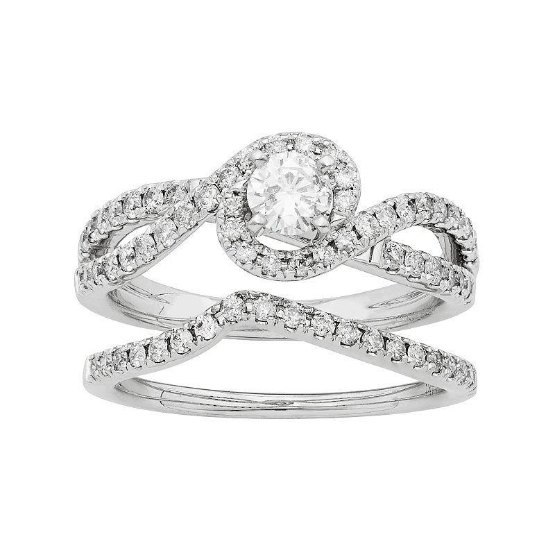 The Regal Collection 14k White Gold IGL Certified 1 Carat T.W. Diamond Swirl Halo Engagement Ring Set, Womens Product Image