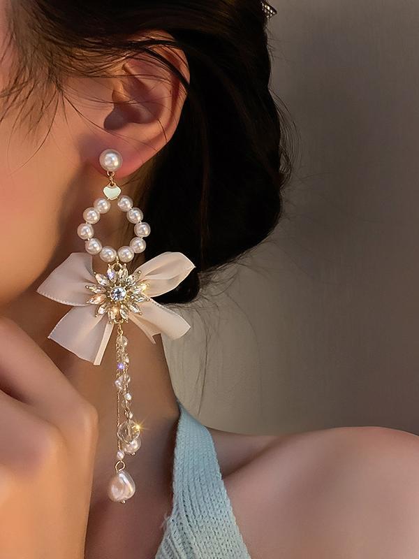 Vintage Rhinestone Bow-Embellished Tasseled Earrings Accessories Product Image