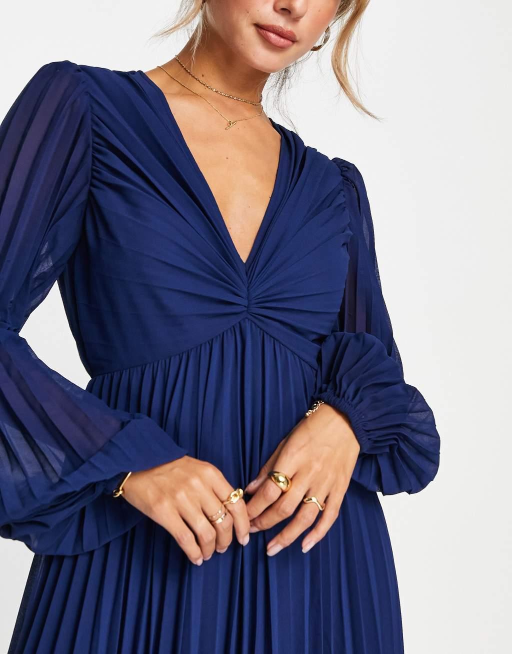 ASOS DESIGN pleated bodice plunge neck midi dress in navy Product Image