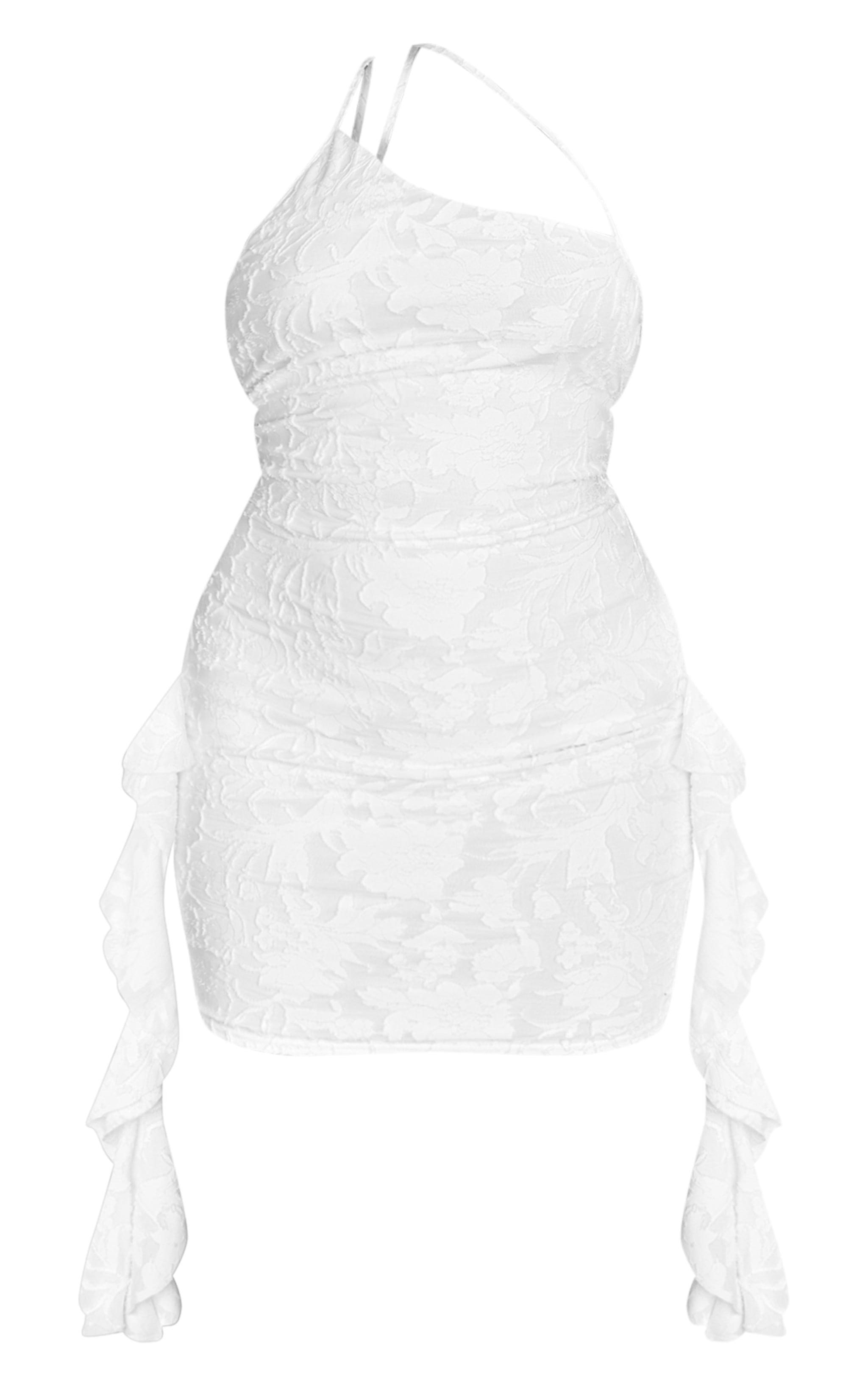 Plus White Textured Floral Ruffle Detail Bodycon Dress Product Image