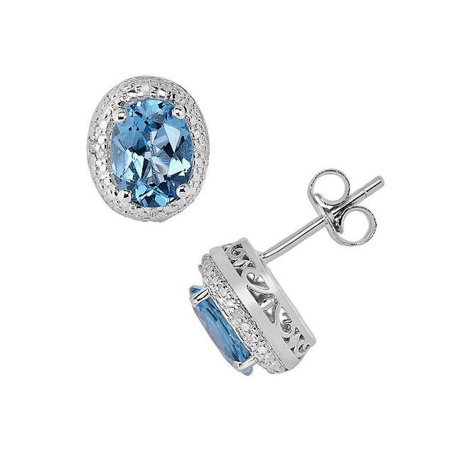 Sterling Silver Blue Topaz and Diamond Accent Oval Halo Stud Earrings, Womens Product Image