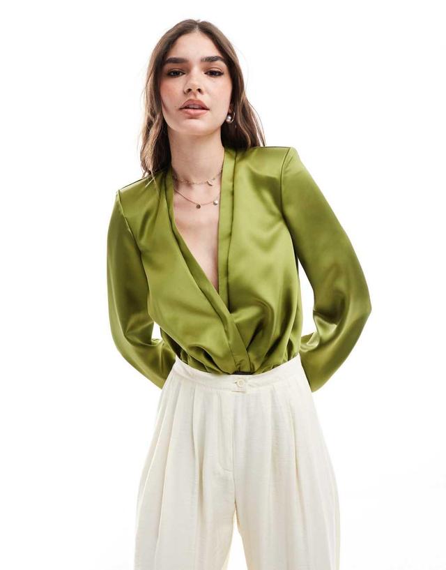 ASOS DESIGN shoulder pad plunge bodysuit in olive Product Image