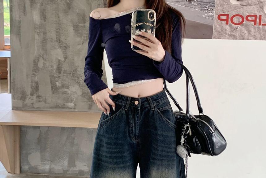 Mid Waist Washed Wide Leg Jeans Product Image