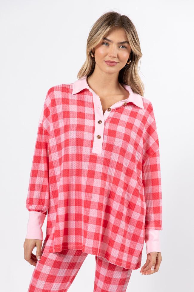 Outshine The Rest Thermal Pink & Red Plaid Lounge Pullover FINAL SALE Product Image