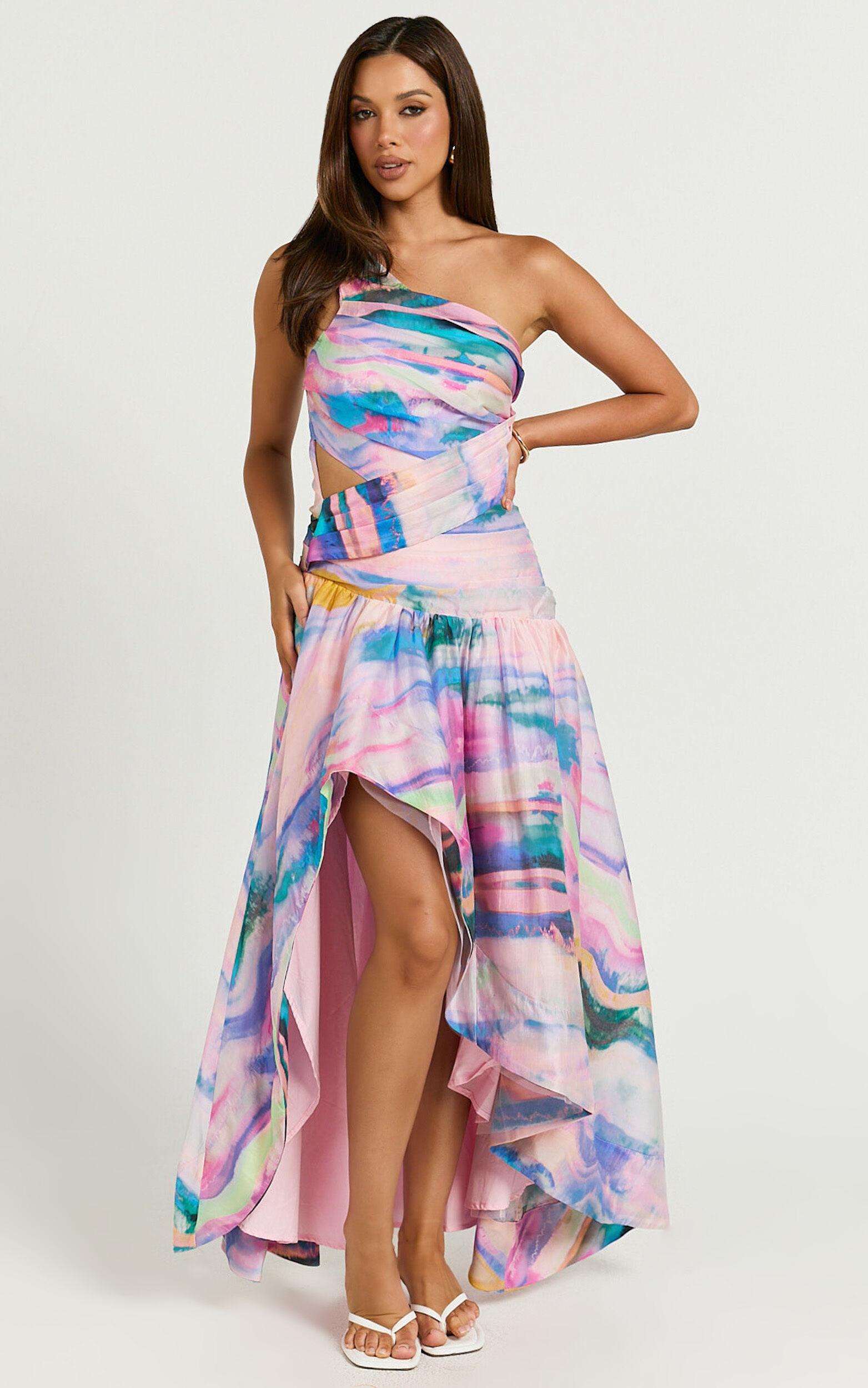 Amalie The Label - Keziah One Shoulder Asymmetric Midi Dress in Abstract Sunset Print Product Image