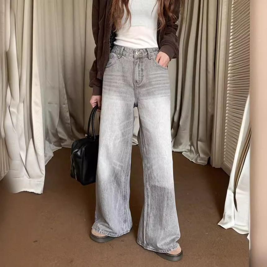 Mid Waist Washed Wide Leg Jeans Product Image