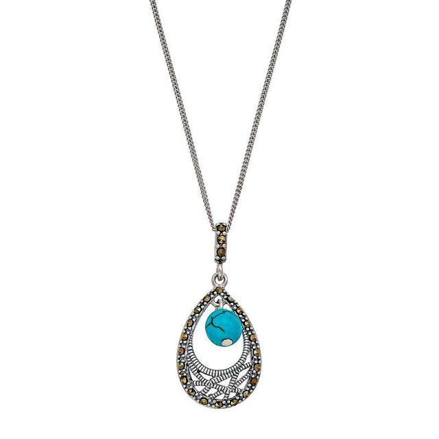 Tori HillSterling Silver Simulated Turquoise & Marcasite Teardrop Pendant Necklace, Womens Multicolor Product Image