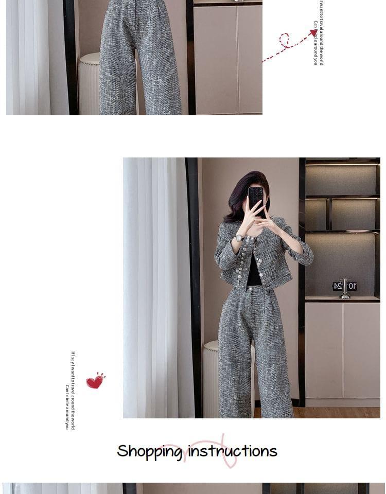 Set: Round Neck Beaded Tweed Button Jacket + High Waist Wide Leg Pants Product Image