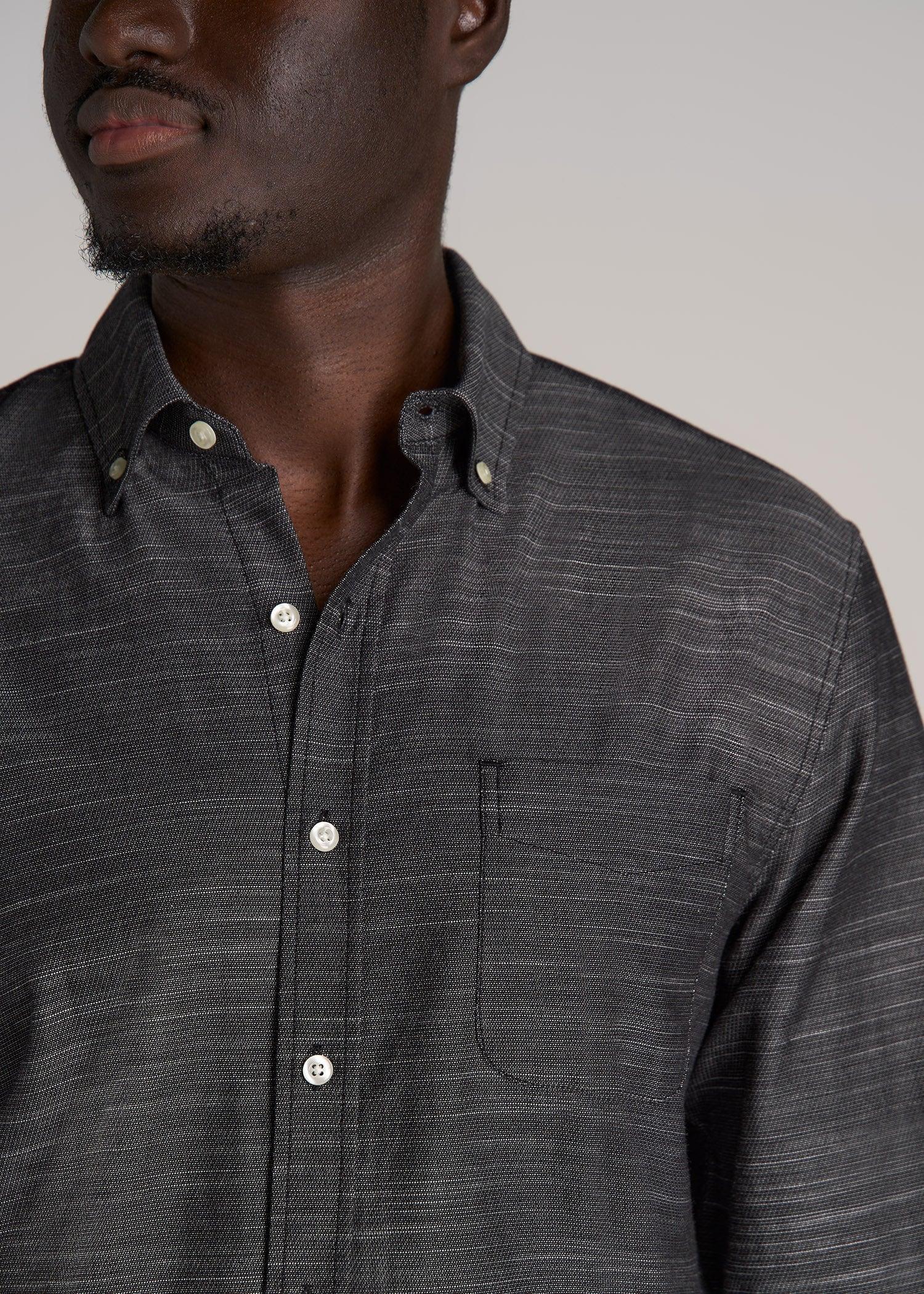 Textured Weave Cotton Button-Up Shirt for Tall Men in Black Product Image