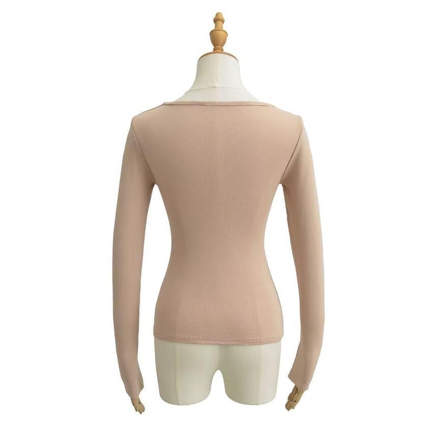 Long-Sleeve V-Neck Plain Knotted T-Shirt Product Image