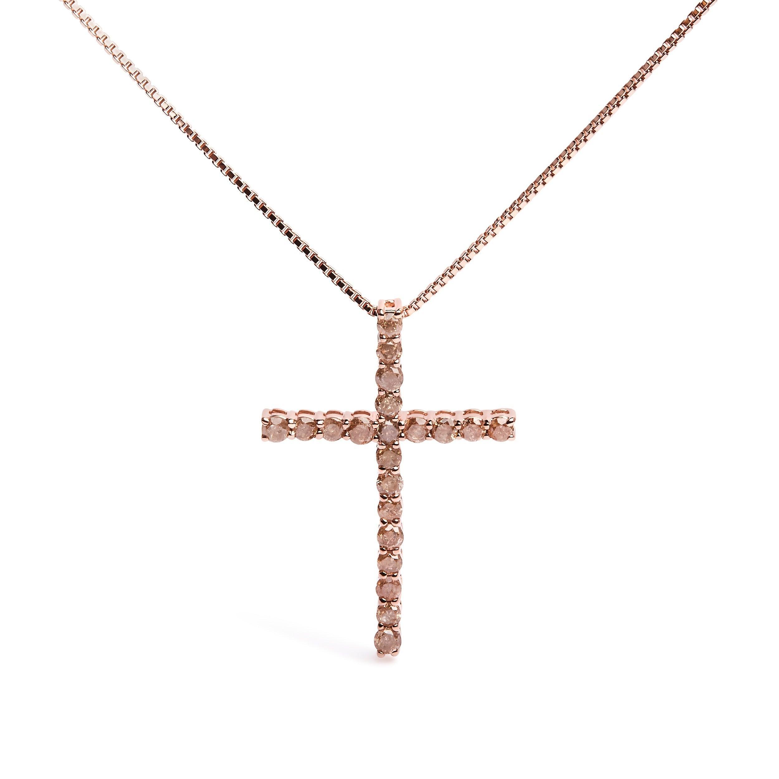 14K Rose Gold Plated .925 Sterling Silver 1.0 Cttw Champagne Diamond Gold Cross Pendant Necklace For Women (Champagne Color, I1-I2 Clarity)- 18 Inch Product Image