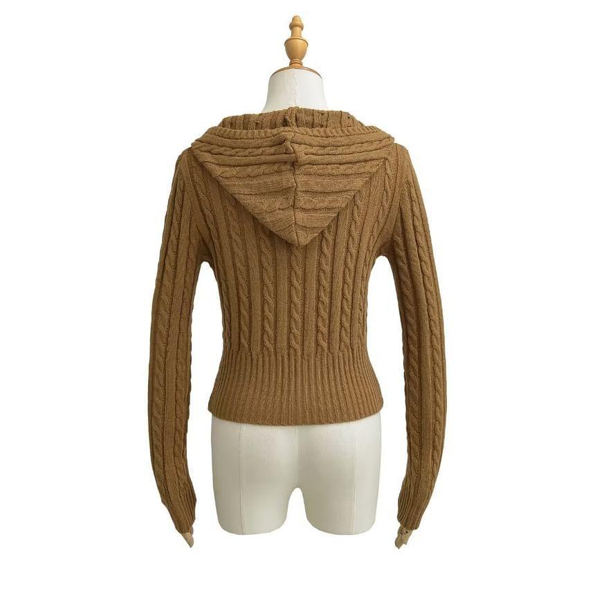 Hooded V-Neck Plain Cable Knit Cropped Sweater Product Image