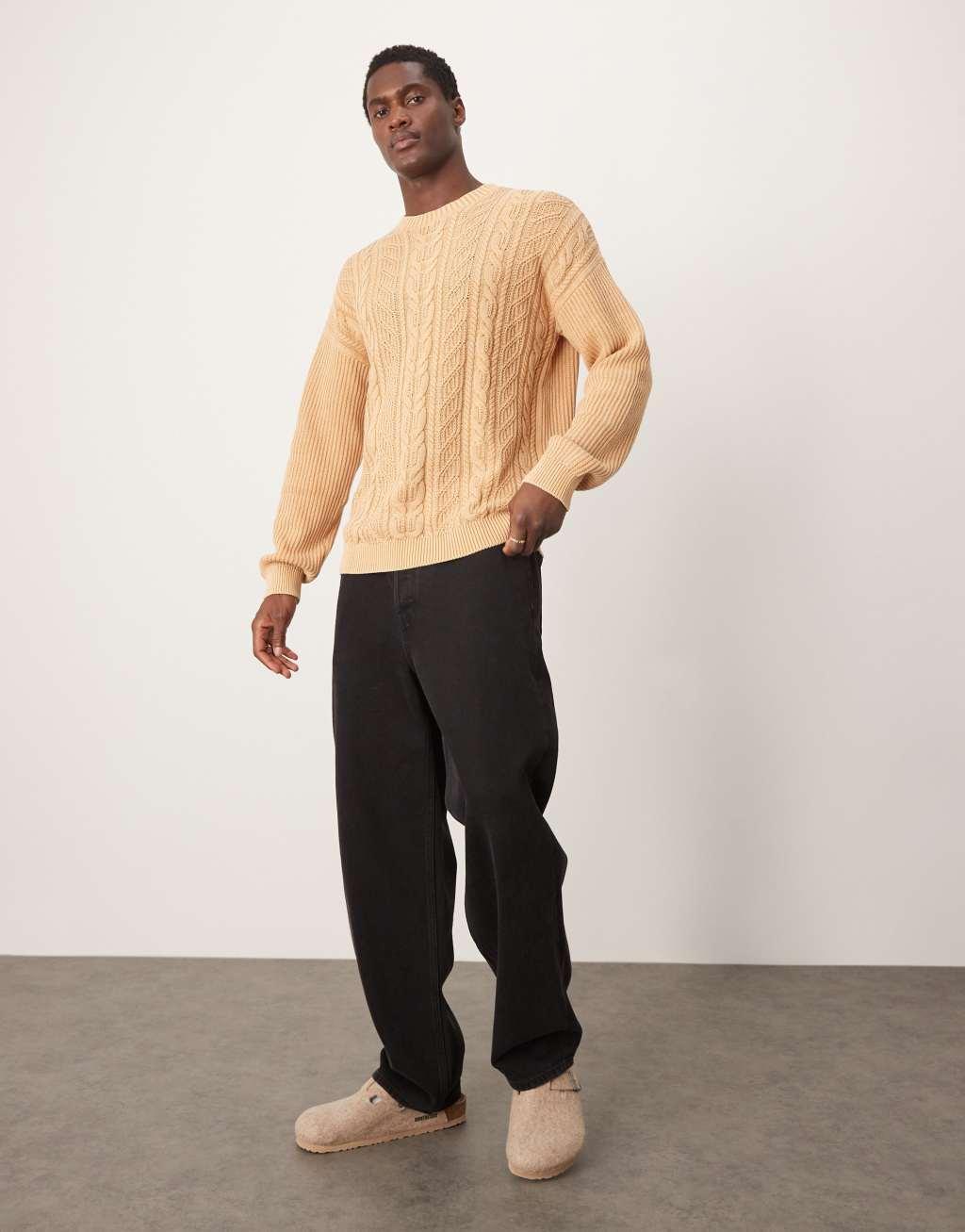 ASOS DESIGN knit washed relaxed cable sweater in stone  Product Image