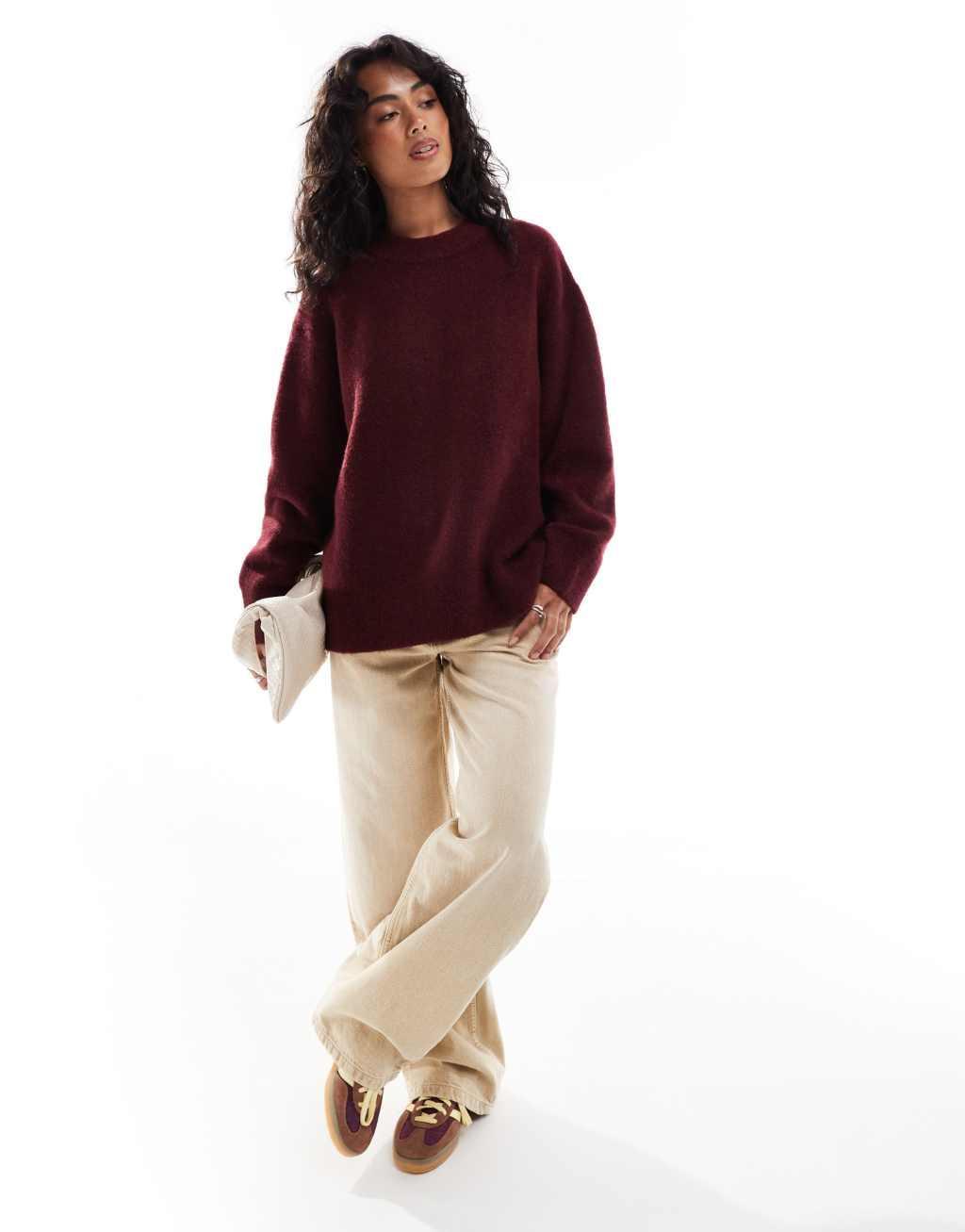 Stradivarius soft touch round neck sweater in burgundy Product Image