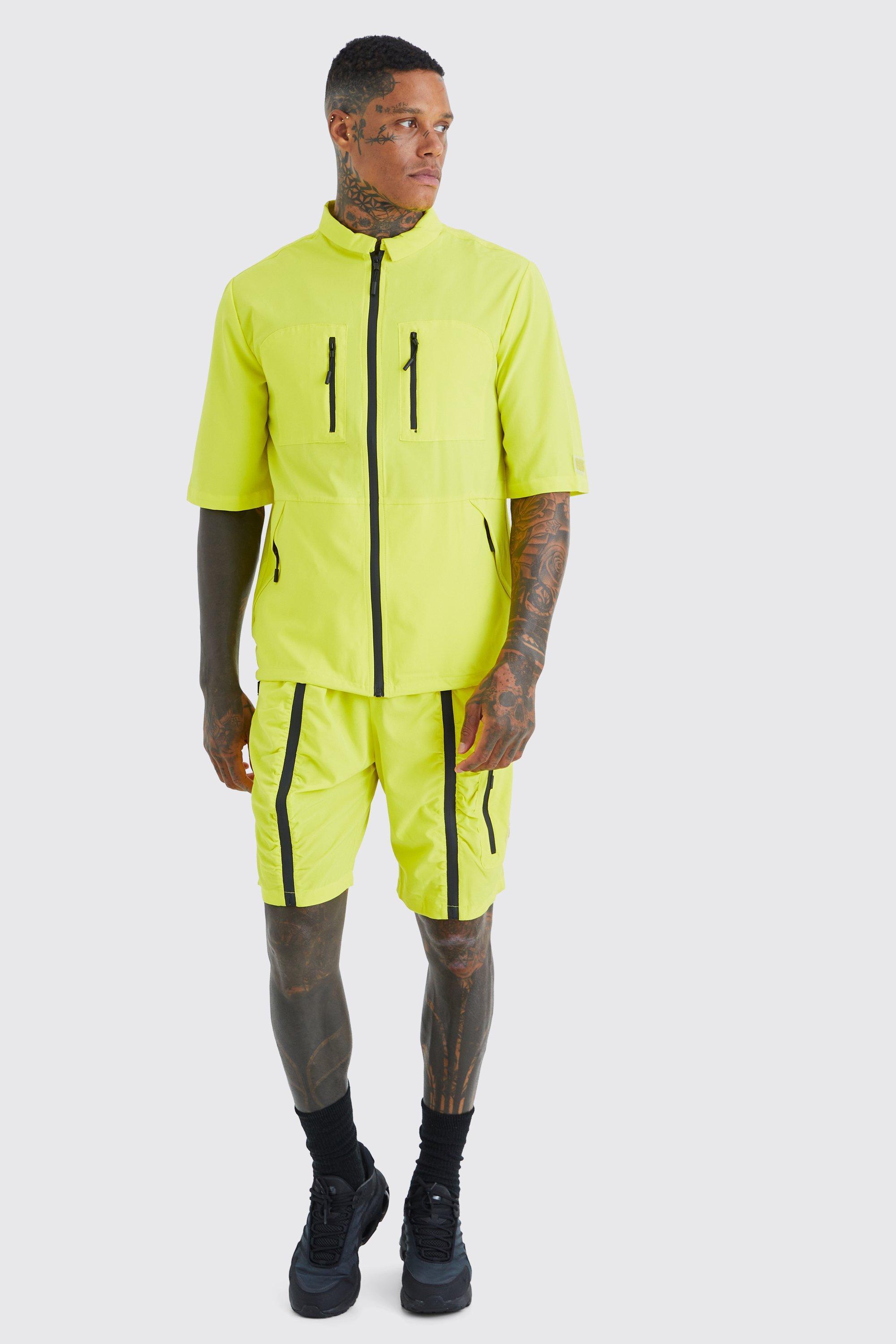 Mens Yellow Short Sleeve Technical Utility Shirt & Short Set, Yellow Product Image