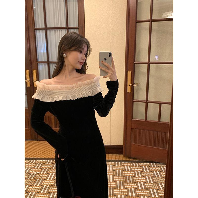 Long-Sleeve Off-The-Shoulder Ruffle Trim Velvet Maxi A-Line Dress Product Image