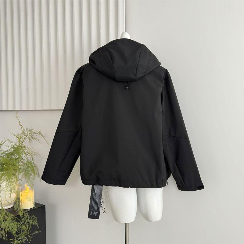 Stand Collar Plain Hood Zip Jacket Product Image