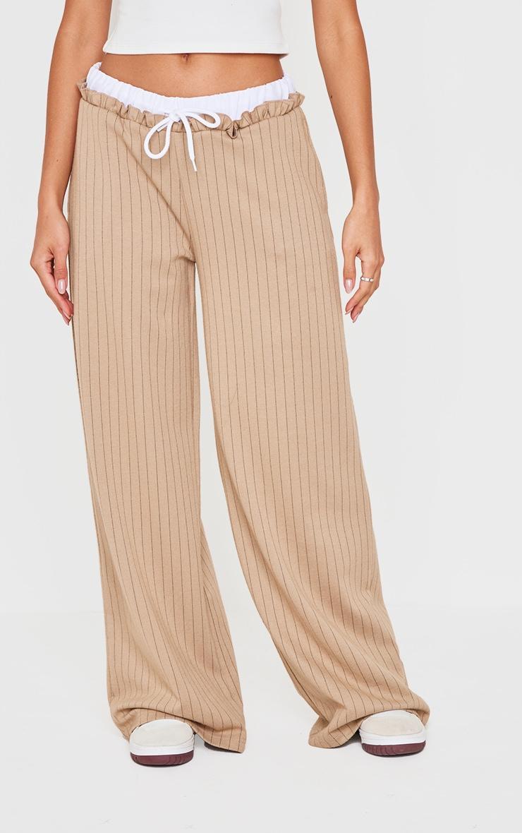 Beige Pinstripe Contrast Waistband Wide Leg Pants Product Image