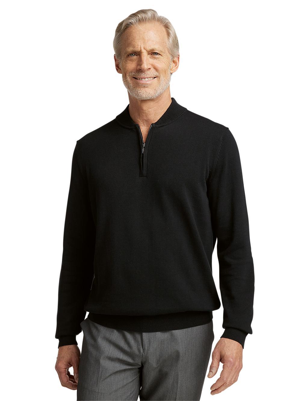 Cotton Quarter Zip Mock Neck Sweater - Black Product Image